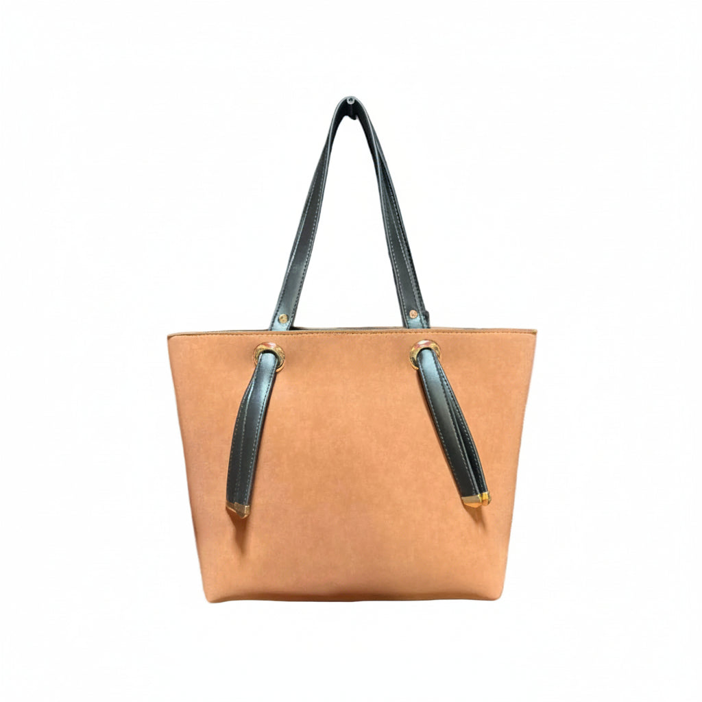 Tan Minimalist Shoulder Tote Bag with Black Straps (Gold Ring Detail)