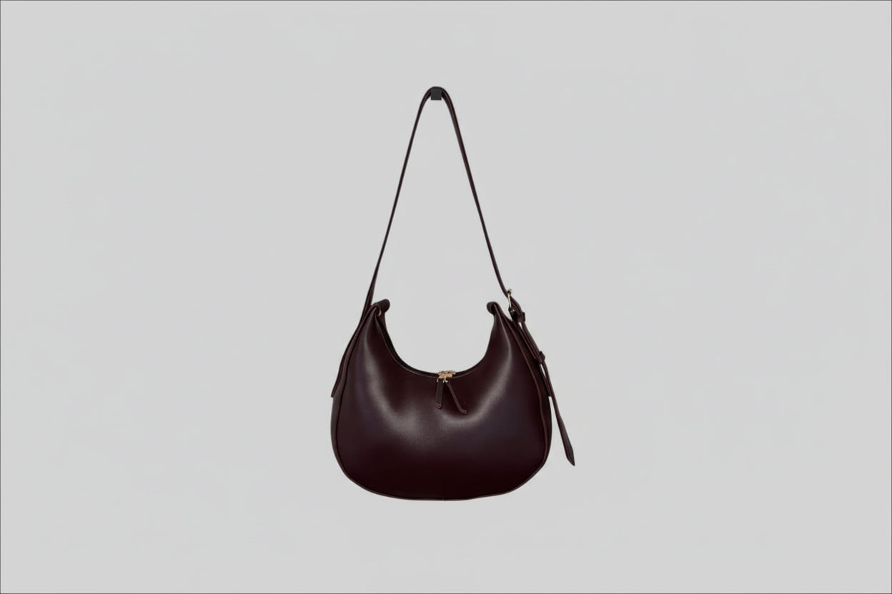 Coffee Brown Crescent Shoulder Bag (Minimalist Zip Design)