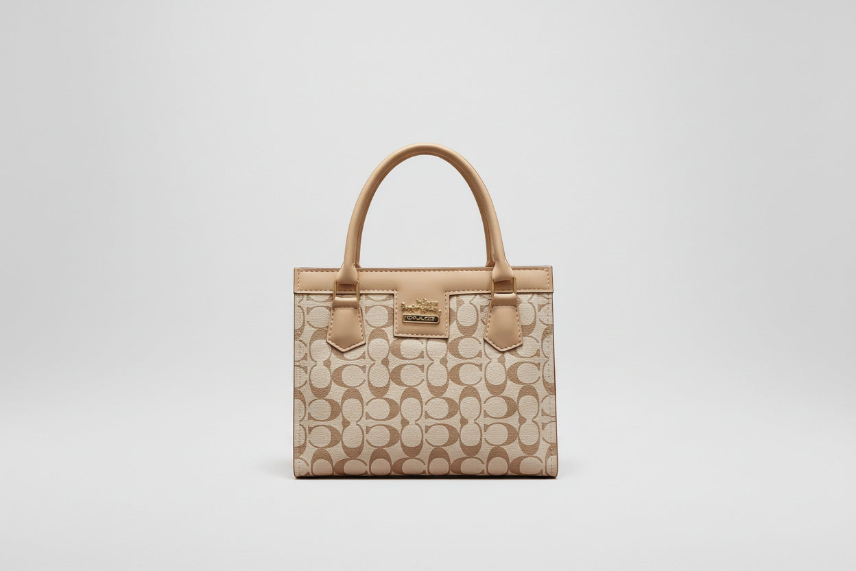 Beige Monogram Mini Tote Bag (Top Handle) with Gold Logo Detail