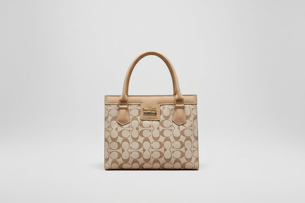 Beige Monogram Mini Tote Bag (Top Handle) with Gold Logo Detail