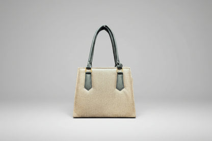 Beige Textured Shoulder Tote Bag with Black Handles (Gold Hardware)