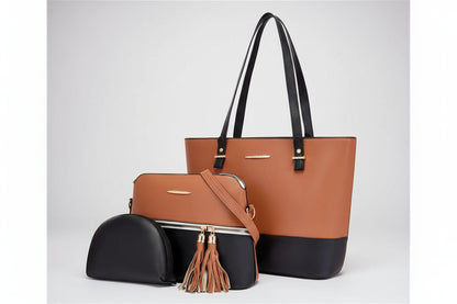 Maroon & Black 3-Piece Tote Set (Tote + Crossbody + Pouch) with Tassel Detail