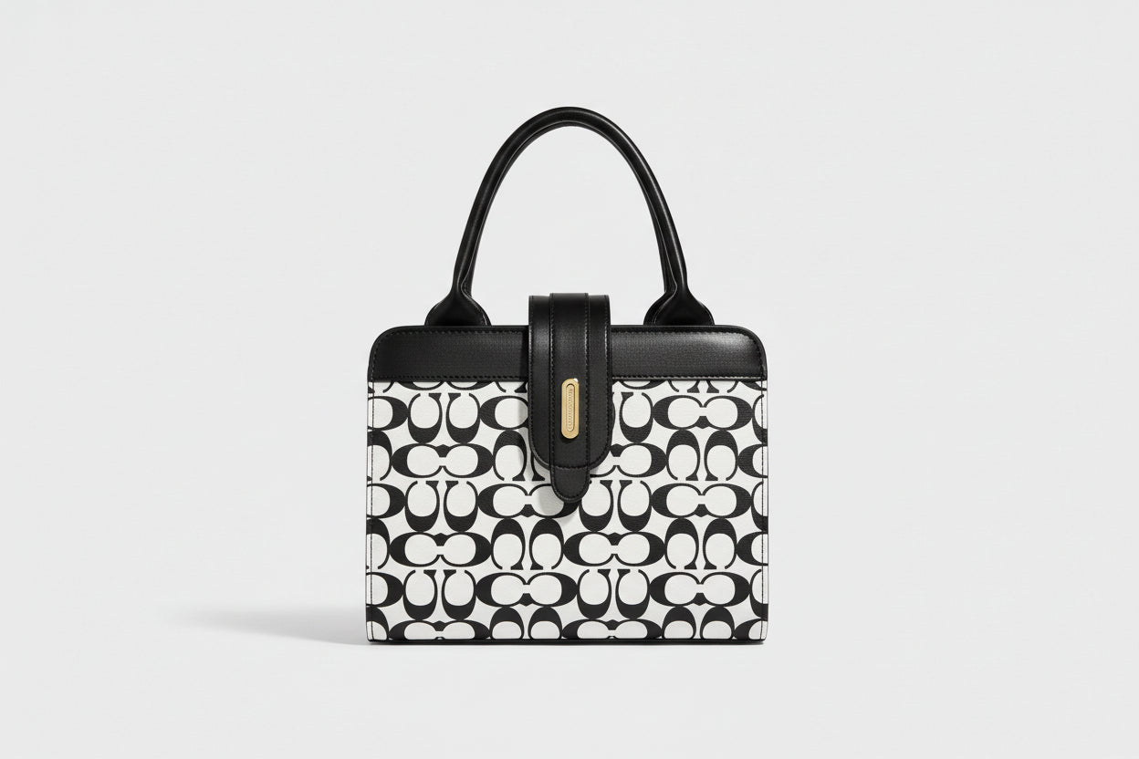 Black & White Monogram Mini Tote Bag with Strap Lock Detail