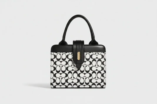 Black & White Monogram Mini Tote Bag with Strap Lock Detail