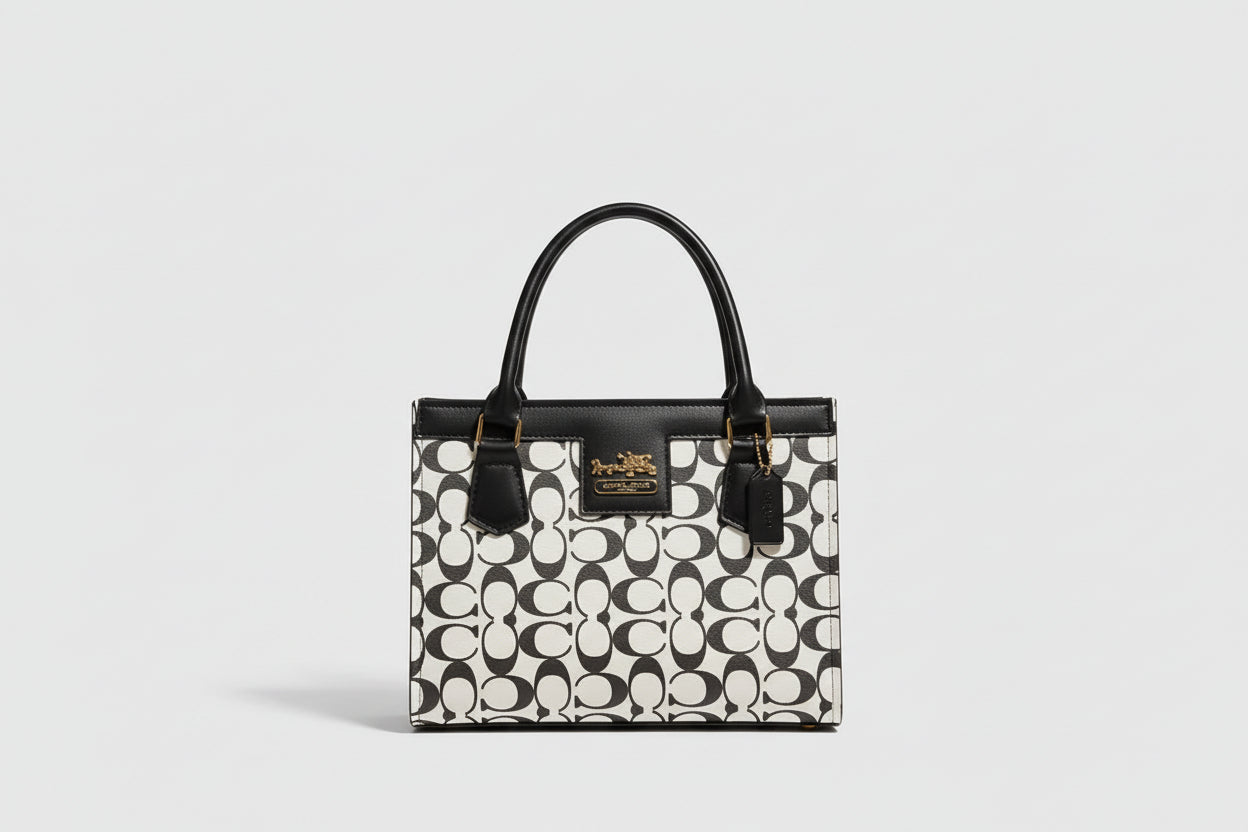 Beige Monogram Mini Tote Bag (Top Handle) with Gold Logo Detail