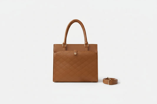 Camel Quilted Structured Tote Bag (Top Handle + Detachable Strap)