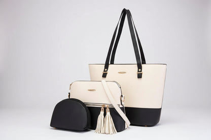 Maroon & Black 3-Piece Tote Set (Tote + Crossbody + Pouch) with Tassel Detail