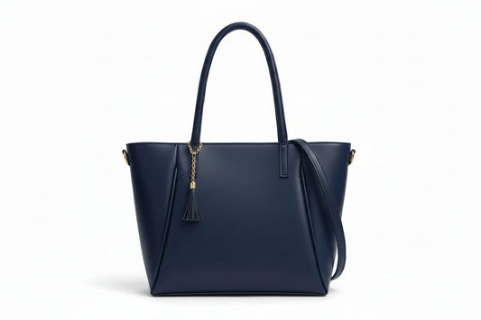 Navy Blue Elegant Tote Bag with Tassel Charm (Top Handle + Detachable Strap)