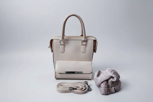 Beige 2-Piece Satchel Set (Handbag + Matching Wallet) with Detachable Strap