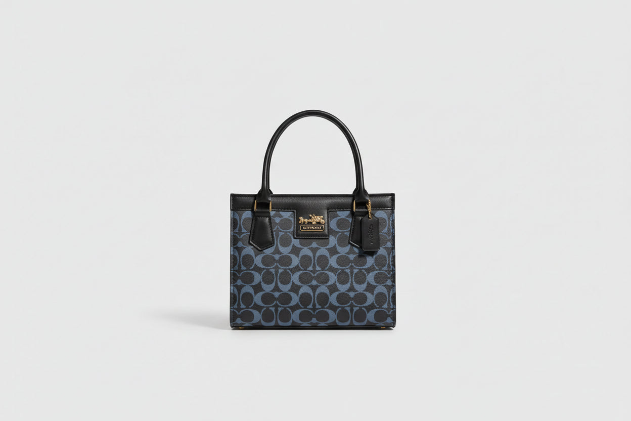 Beige Monogram Mini Tote Bag (Top Handle) with Gold Logo Detail