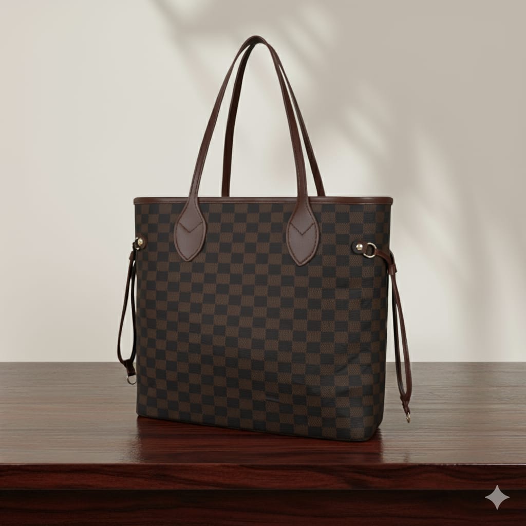 Brown Checkered Shoulder Tote Bag with Tan Handles