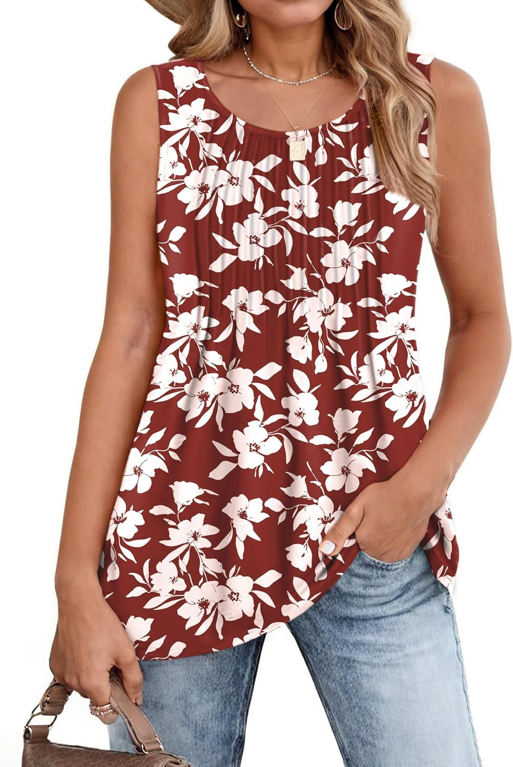 Women'S Summer Tank Tops 2025 Pleated Crew Neck Floral Solid Loose Fit Casual Sleeveless Flowy Boho Tunic Shirts