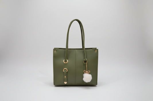 Olive Green Elegant Shoulder Tote Bag with Charm (Gold Hardware)