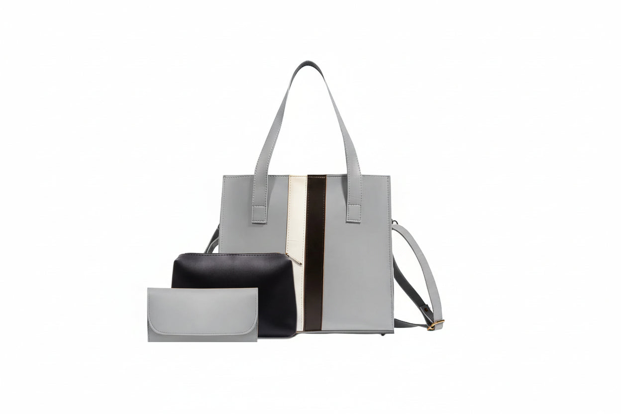 Maroon 3-Piece Tote Set with Stripe Detail (Bag + Pouch + Wallet)