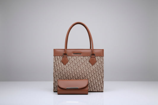 Brown Monogram Office Tote Set (Bag + Matching Wallet) with Gold Hardware