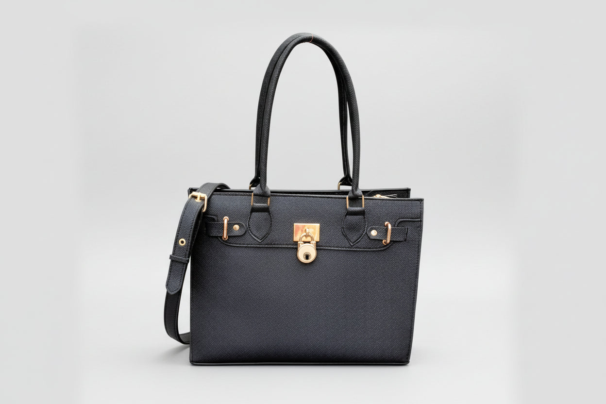 Black Textured Mini Tote Bag with Lock Detail (Gold Hardware)