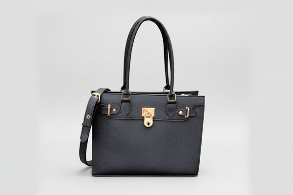 Black Textured Mini Tote Bag with Lock Detail (Gold Hardware)