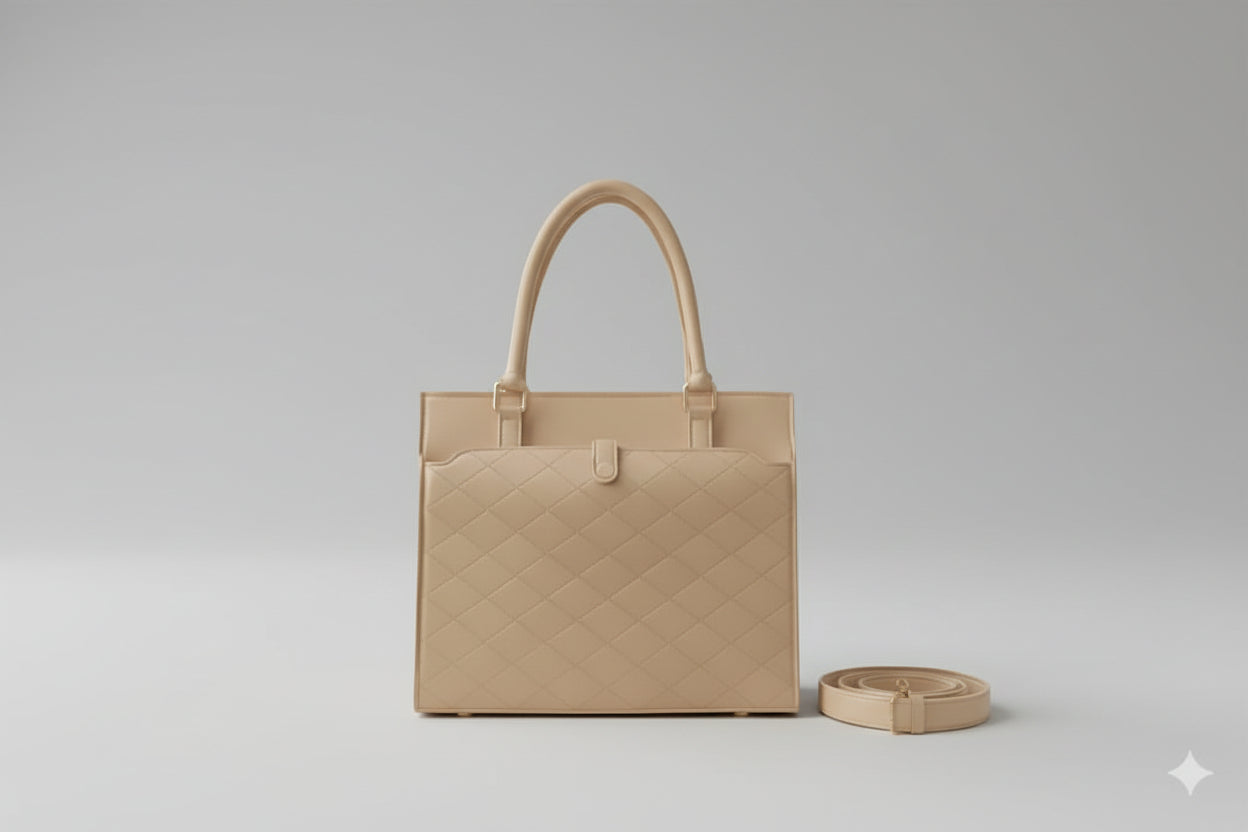 Camel Quilted Structured Tote Bag (Top Handle + Detachable Strap)