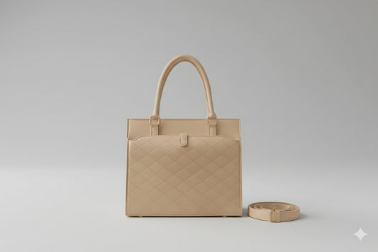 Camel Quilted Structured Tote Bag (Top Handle + Detachable Strap)