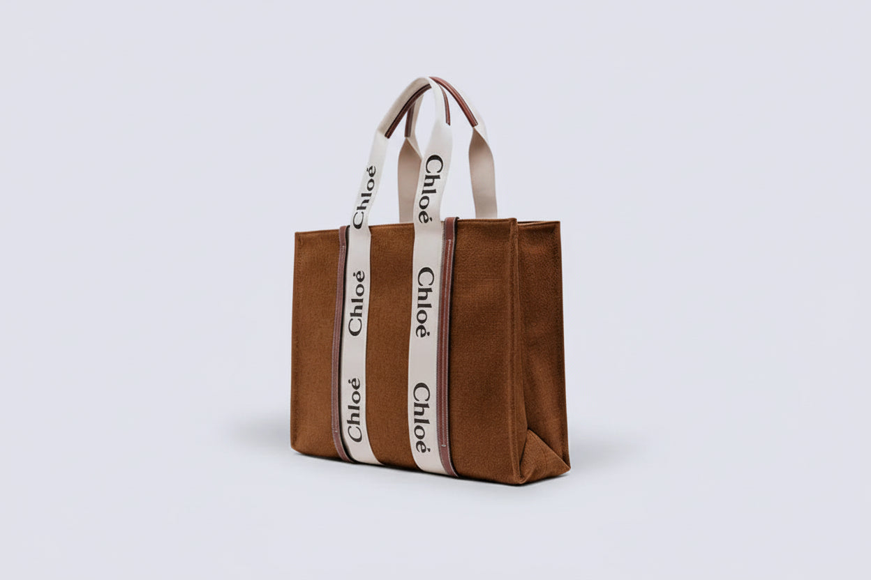 Brown Suede Canvas Tote Bag with Logo Strap Handles