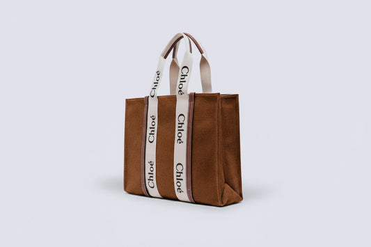Brown Suede Canvas Tote Bag with Logo Strap Handles