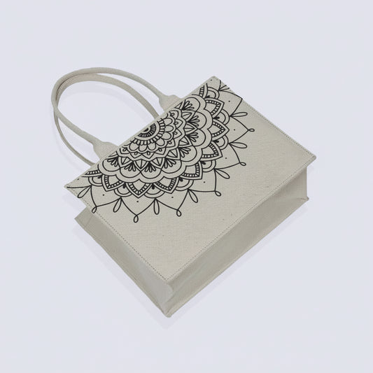 Beige Mandala Print Canvas Tote Bag