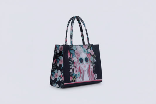 Black Floral Girl Print Tote Bag – Trendy Illustrated Canvas Handbag