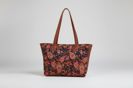 Black Paisley Print Tote Bag with Brown Handles