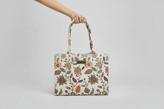 Cream Vintage Floral Tote Bag – Multi-Color Botanical Print Shoulder Bag