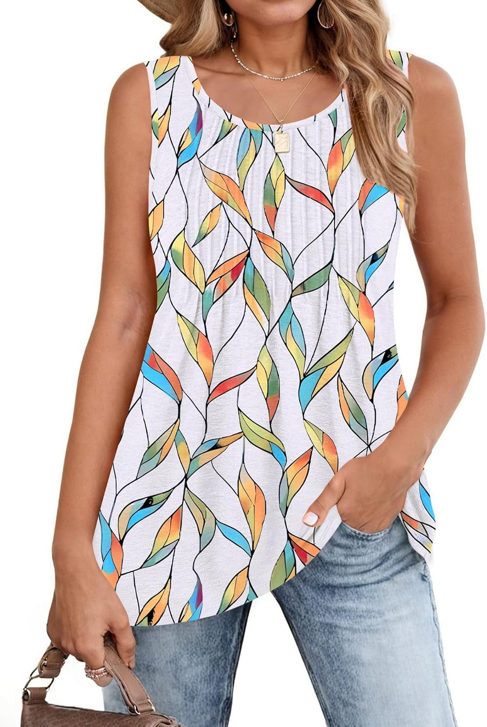 Women'S Summer Tank Tops 2025 Pleated Crew Neck Floral Solid Loose Fit Casual Sleeveless Flowy Boho Tunic Shirts