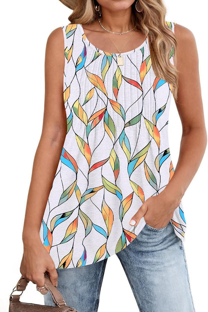 Women'S Summer Tank Tops 2025 Pleated Crew Neck Floral Solid Loose Fit Casual Sleeveless Flowy Boho Tunic Shirts