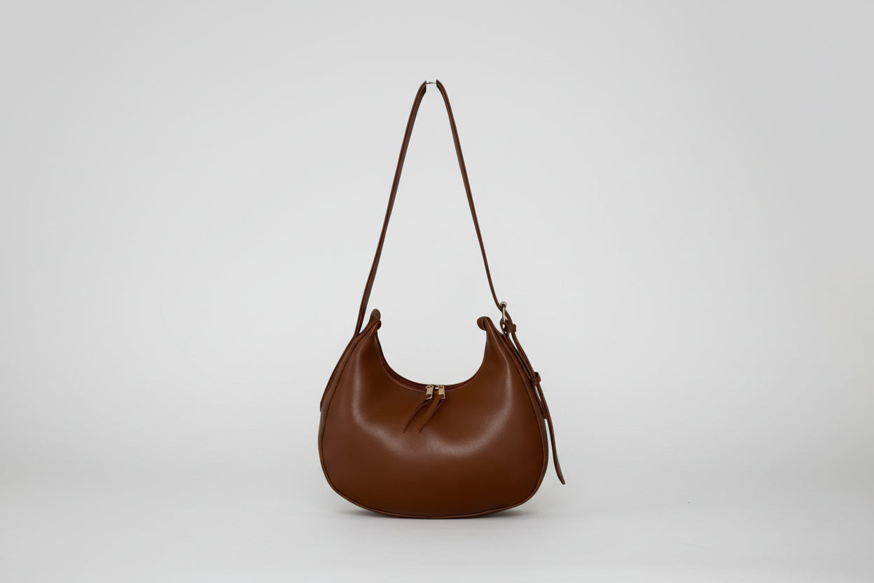 Coffee Brown Crescent Shoulder Bag (Minimalist Zip Design)