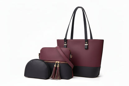 Maroon & Black 3-Piece Tote Set (Tote + Crossbody + Pouch) with Tassel Detail