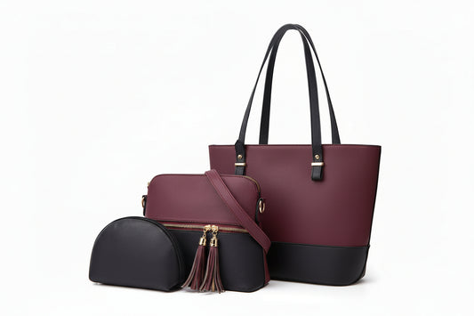 Maroon & Black 3-Piece Tote Set (Tote + Crossbody + Pouch) with Tassel Detail