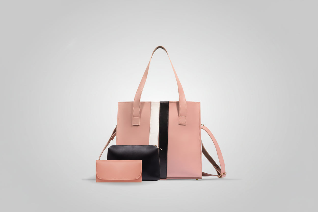 : Beige 3-Piece Tote Set with Stripe Detail (Bag + Pouch + Wallet)