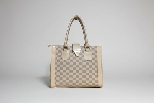 Maroon Checkered Structured Tote Bag with Gold Lock Detail
