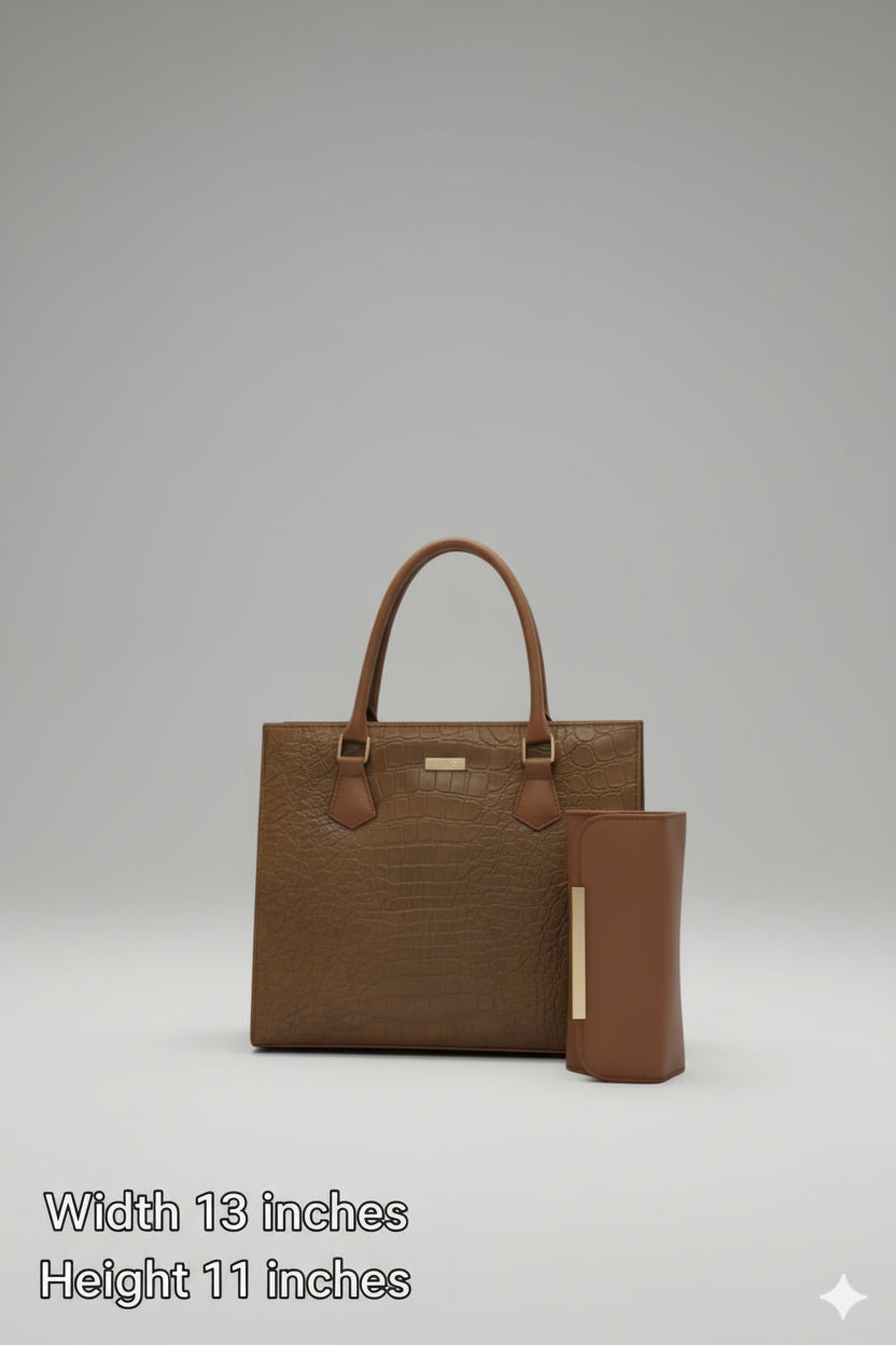 Luxury Black Croc-Embossed Tote Set (Bag + Matching Wallet) with Strap