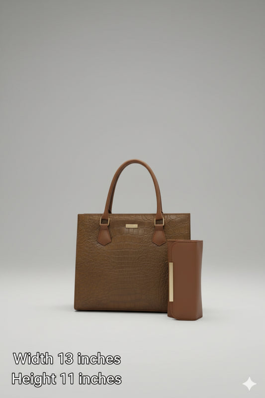 Luxury Black Croc-Embossed Tote Set (Bag + Matching Wallet) with Strap