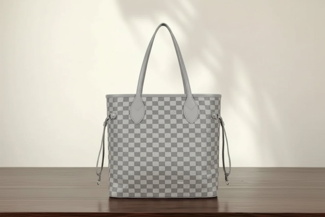 Brown Checkered Shoulder Tote Bag with Tan Handles