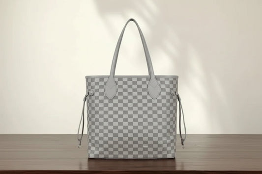 Brown Checkered Shoulder Tote Bag with Tan Handles