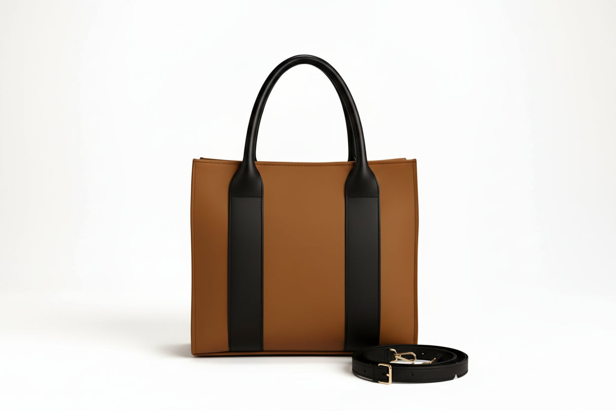 Black & Tan Structured Tote Bag (Top Handle + Detachable Strap)