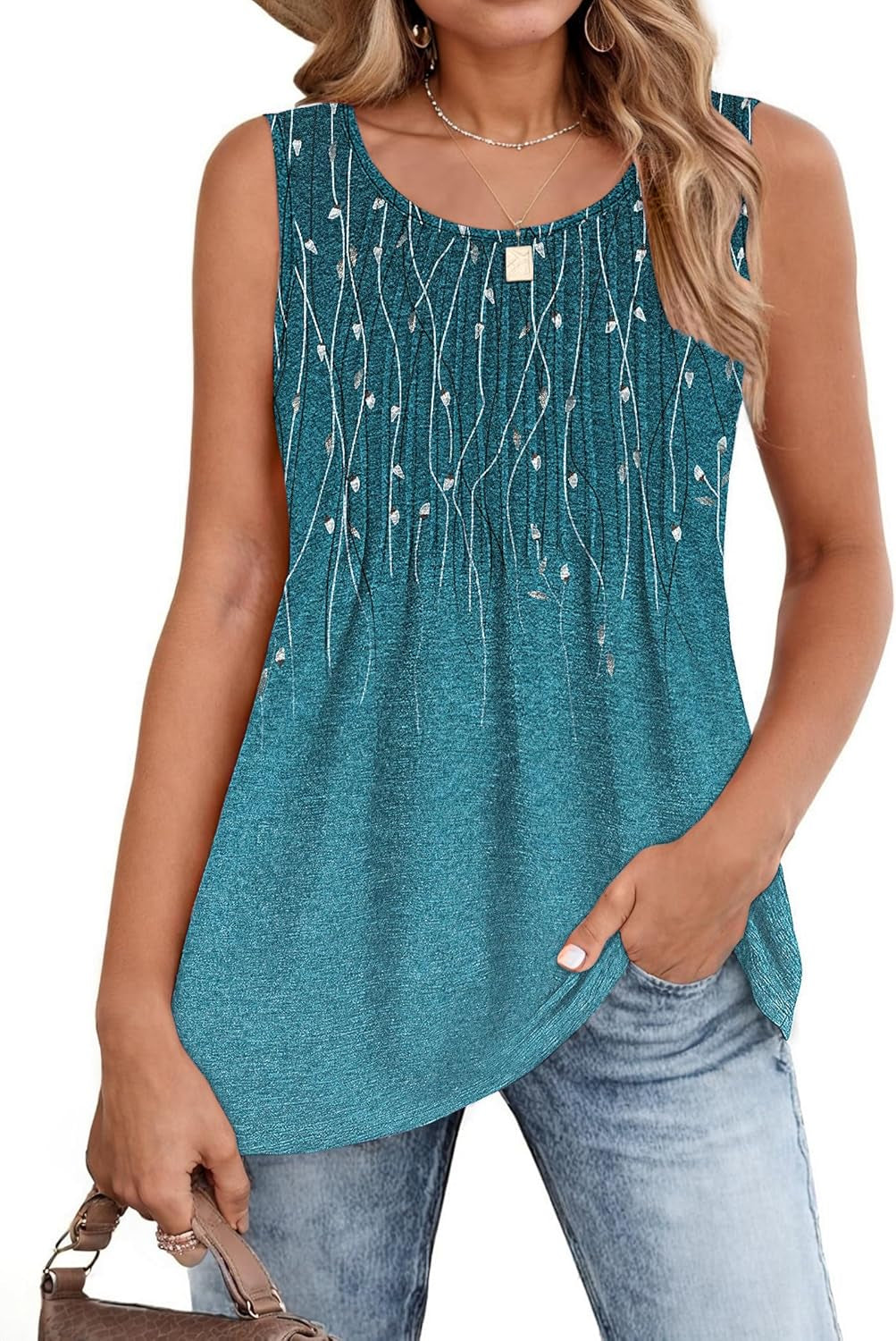 Women'S Summer Tank Tops 2025 Pleated Crew Neck Floral Solid Loose Fit Casual Sleeveless Flowy Boho Tunic Shirts