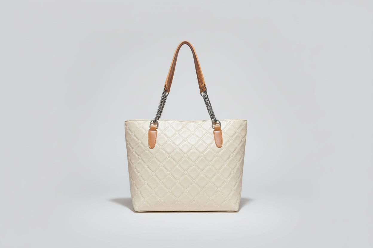 Cream Quilted Shoulder Tote Bag with Chain Strap (Tan Handle Detail)