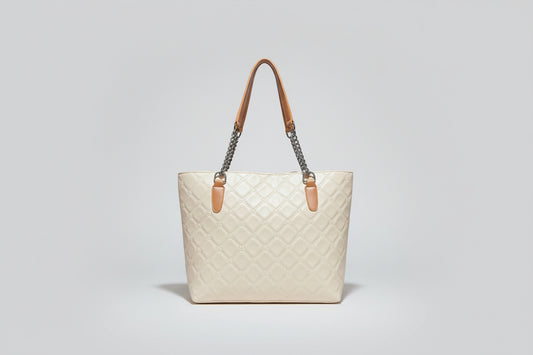Cream Quilted Shoulder Tote Bag with Chain Strap (Tan Handle Detail)