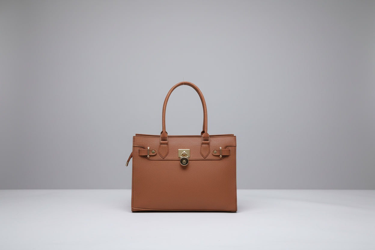 Black Textured Mini Tote Bag with Lock Detail (Gold Hardware)