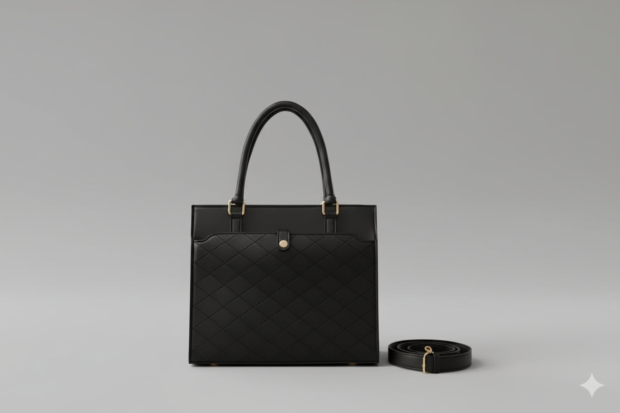 Camel Quilted Structured Tote Bag (Top Handle + Detachable Strap)