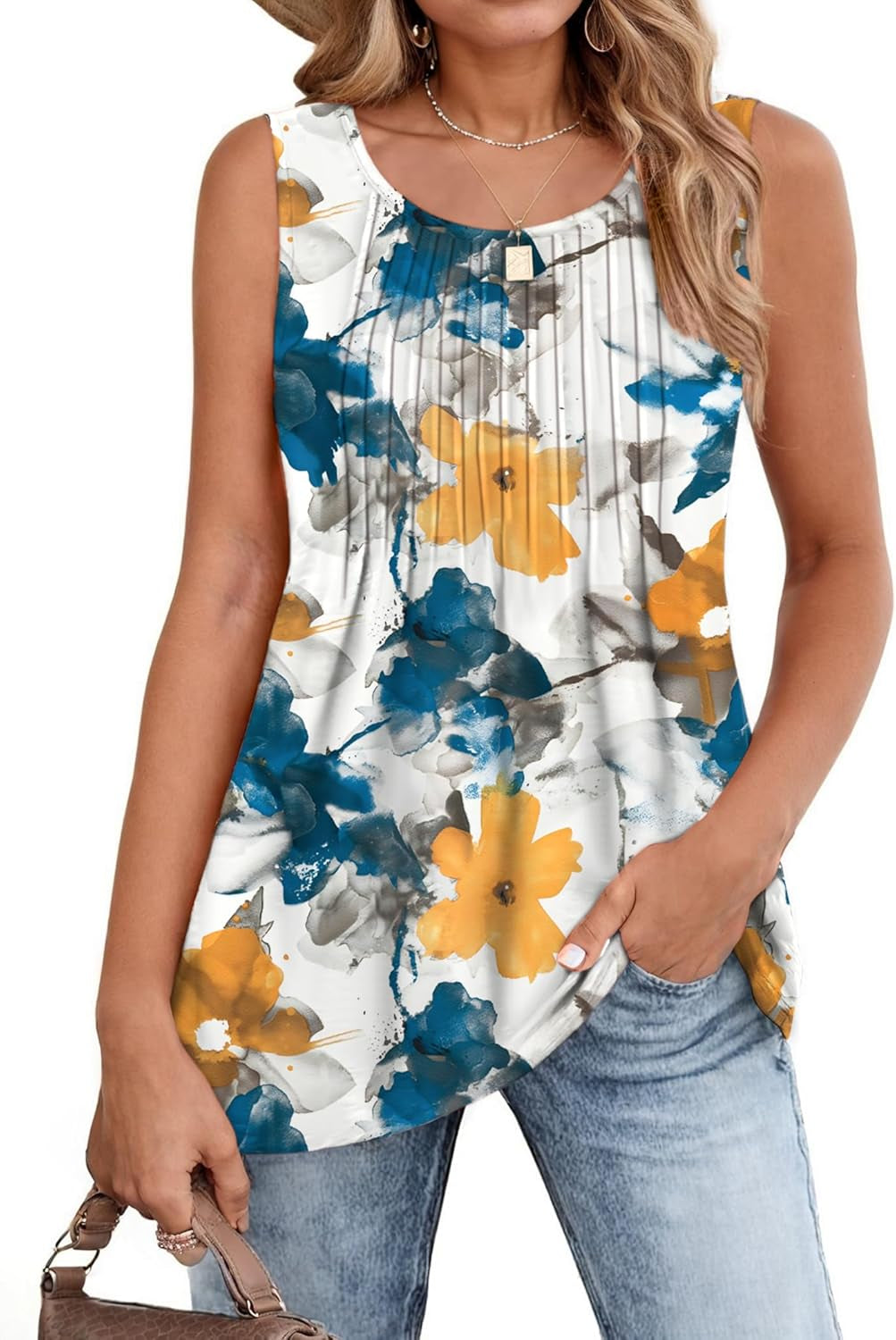 Women'S Summer Tank Tops 2025 Pleated Crew Neck Floral Solid Loose Fit Casual Sleeveless Flowy Boho Tunic Shirts