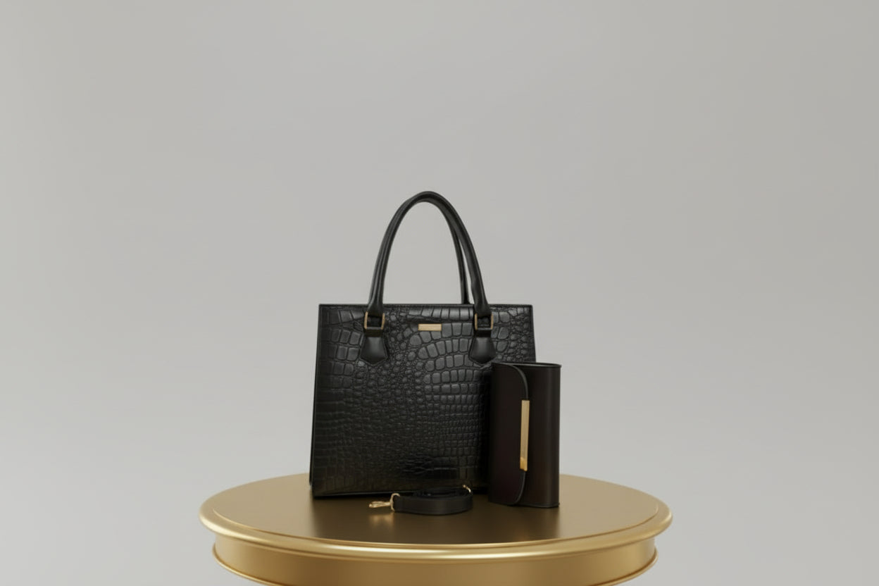 Luxury Black Croc-Embossed Tote Set (Bag + Matching Wallet) with Strap