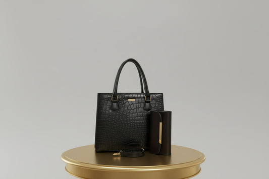 Luxury Black Croc-Embossed Tote Set (Bag + Matching Wallet) with Strap