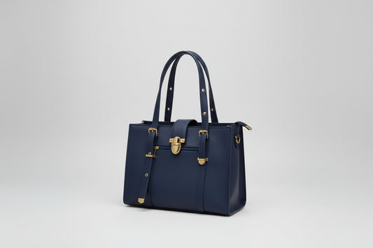Navy Blue Office Tote Bag with Front Pocket (Gold Hardware)